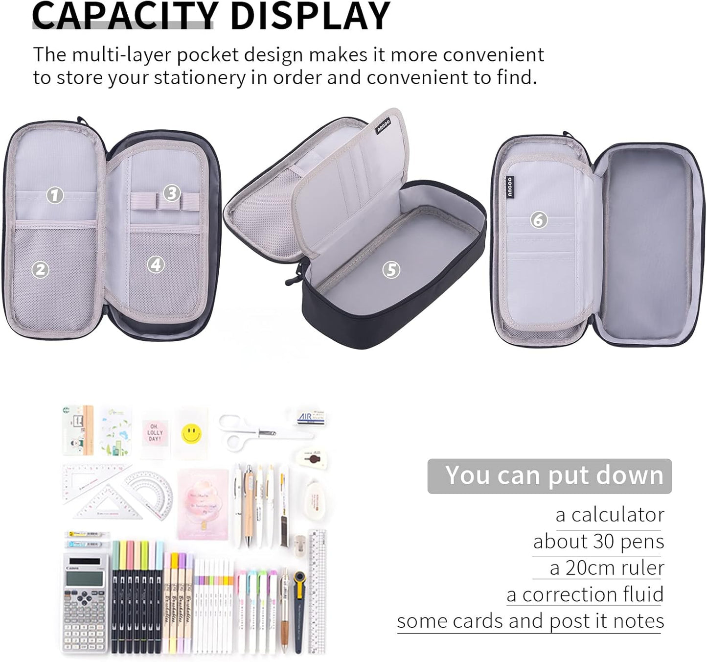 CICIMELON Durable Pen Pencil Case for School Supplies, High Capacity Pencil Bag Pouch Organizer for Teen Girls Boys Adults, Black