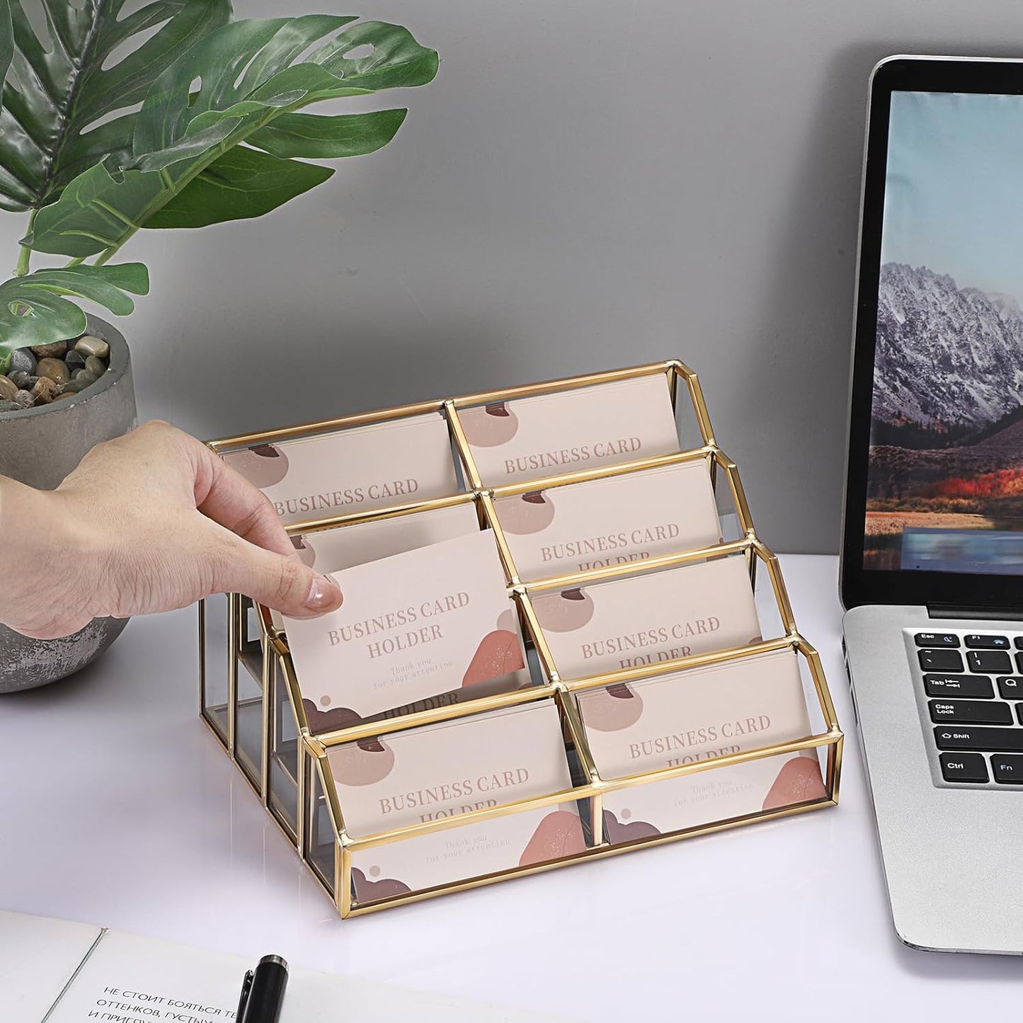 Hipiwe Mirrored Glass Business Card Holder Gold Business Card Display Stand for Desk Multiple Clear Business Card Holder Display for Office Desktop Cards Display Stand for Women Men, 8 Slots