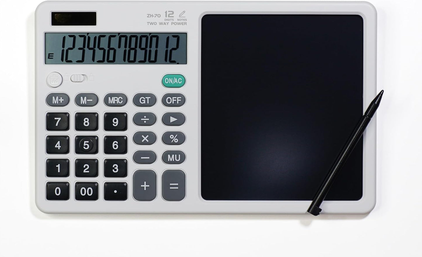 Desk Calculator Large Display with 7'' Erasable Writing Pad, 12 Digits Large Screen Display Jumbo Calculadora, Solar & Battery Powered Big Button Calculators for Business Office School, White