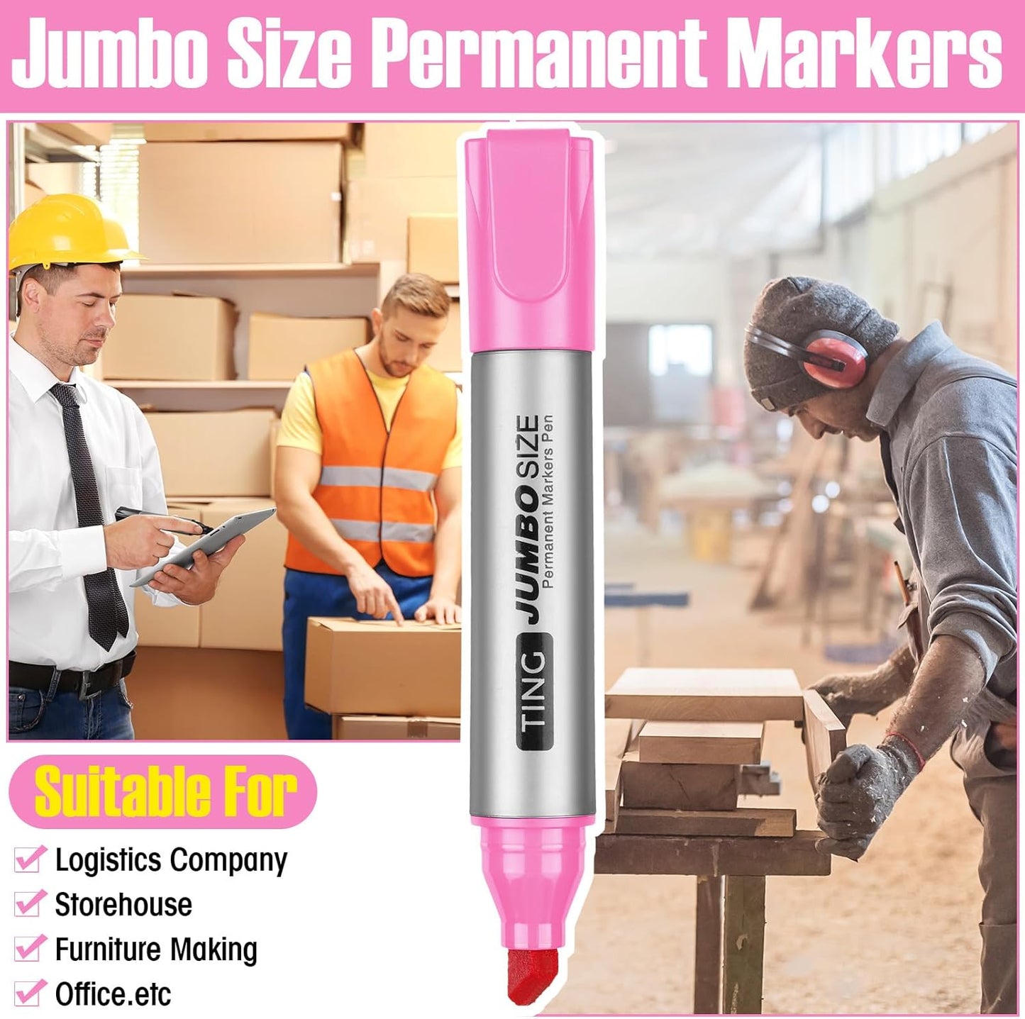 Fuutreo 10 Pack Jumbo Permanent Markers Bulk Large Chisel Tip Permanent Markers Quick Drying Waterproof Big Huge Poster Pens for Office, Logistics Company and More(Pink)