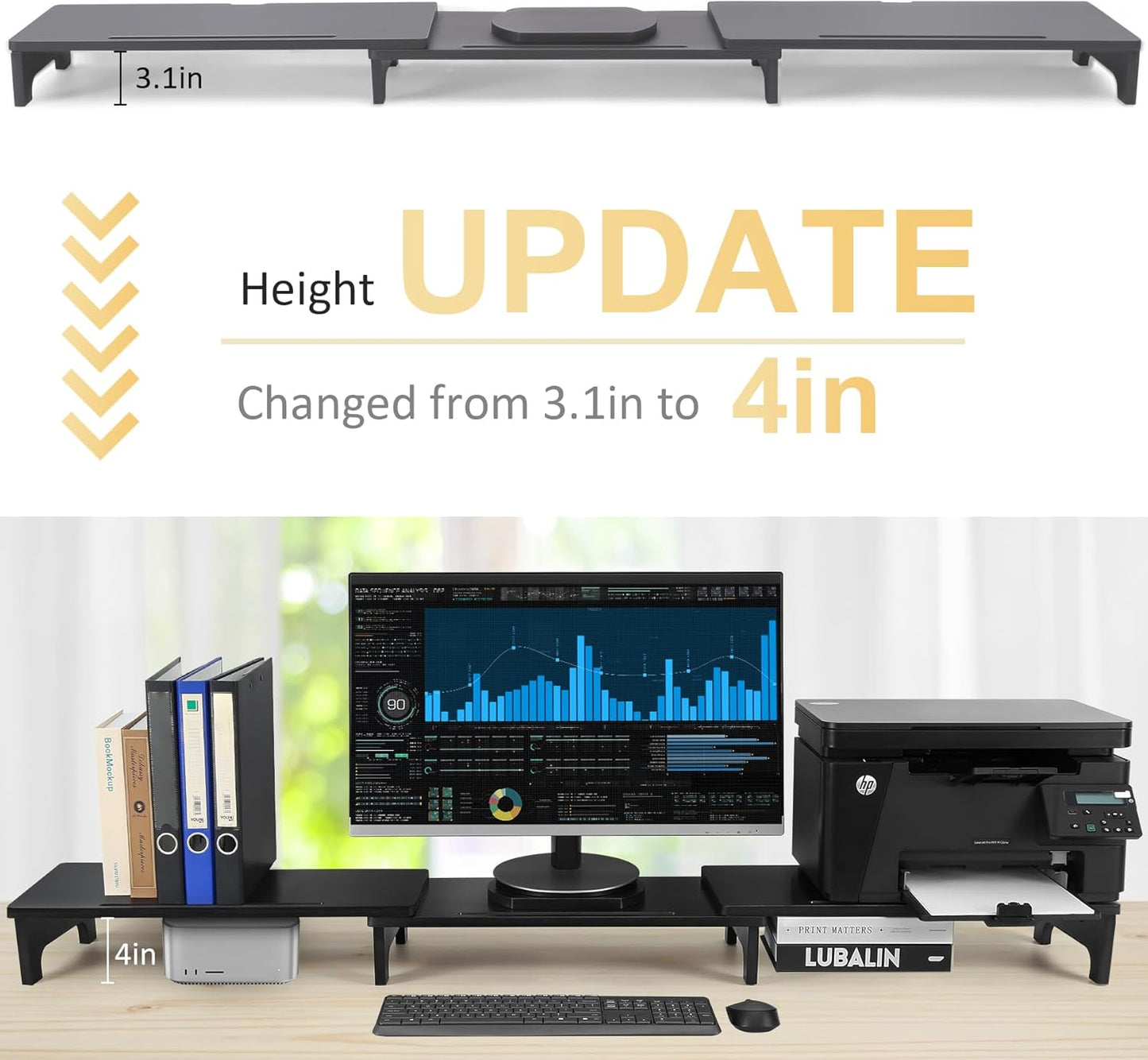 Nnewvante Monitor Stand Riser, Upgrade Height Large TV Riser, 60 inch Large Bamboo Dual Monitor Stand for Desk, 3 Shelves Desktop Screen Riser with Adjustable Length Angle for Computer Laptop Black