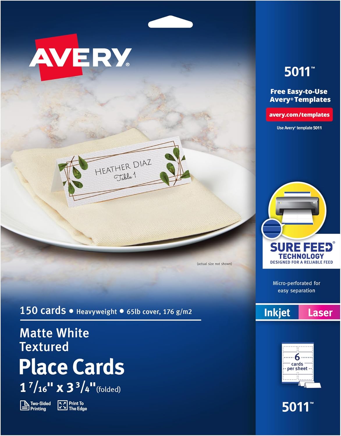 Avery Printable Place Cards with Sure Feed Technology, 1-7/16" x 3-3/4", Matte White, 150 Blank Tent Cards for Laser or Inkjet Printers (5011)