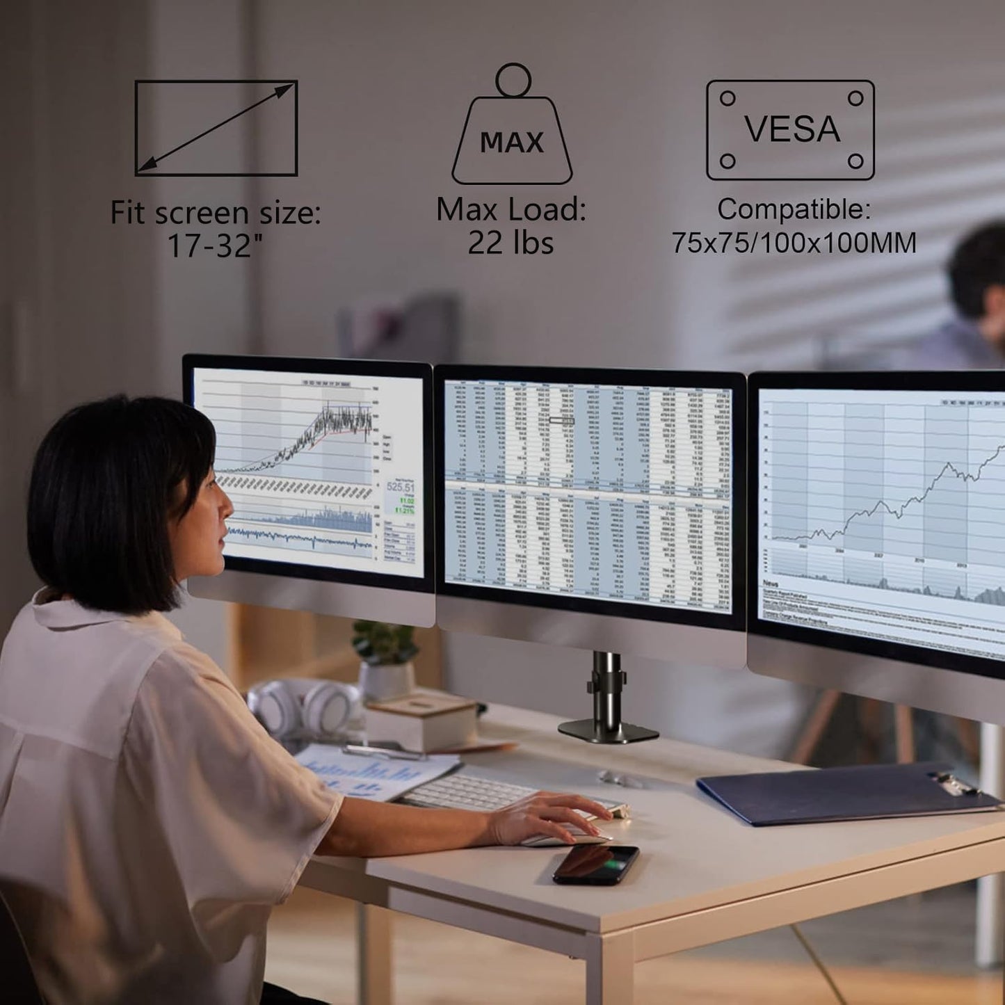 suptek Triple Monitor Mount for Most 17 to 32 inch Screens,Gas Springs Adjustment Triple Monitor Desk Mount Stand with Clamp & Grommet Kit,Black(MD8003)