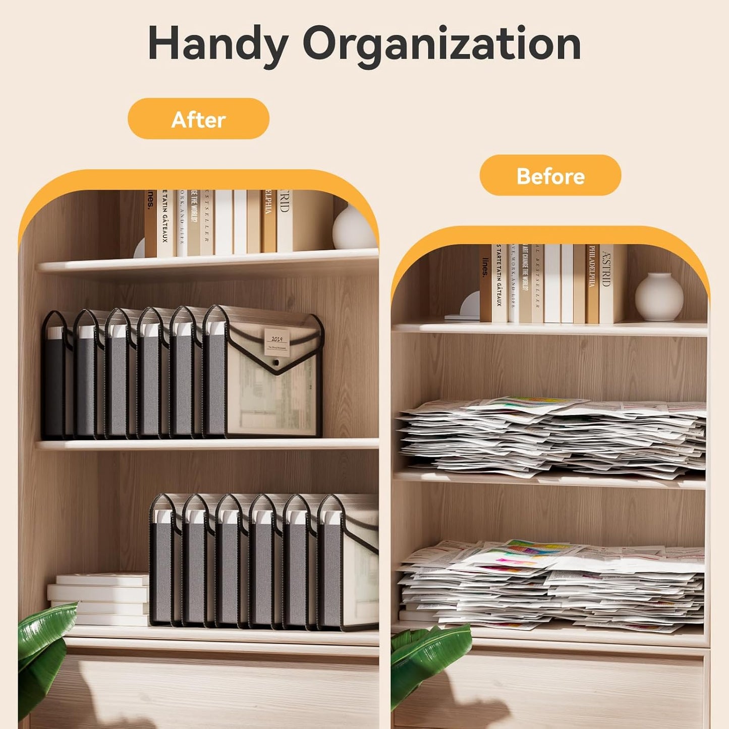 ABC life 6 Pack Plastic Expanding File Folder, Folders for Documents with Snap Closure, Black File Folder Organizer Holder, Transparent Accordion File Pouch,Large Capacity, Fit Letter/A4 Size - Black