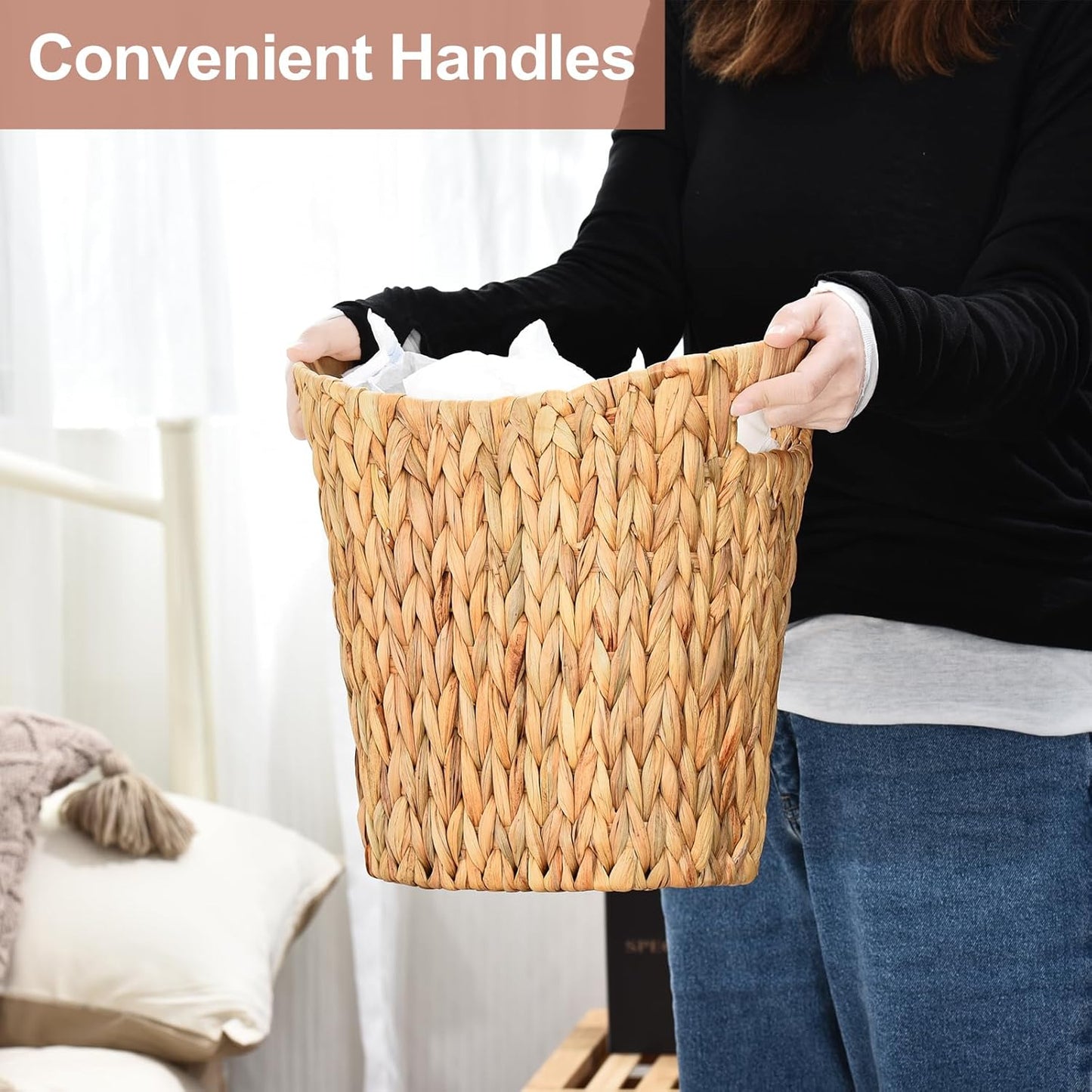 FairyHaus Wicker Trash Can with Handles, Natural Water Hyacinth Wicker Waste Basket, Handwoven Wicker Trash Basket for Bathroom Bedrooms, 13" L x 7.5" W x 12.2" H