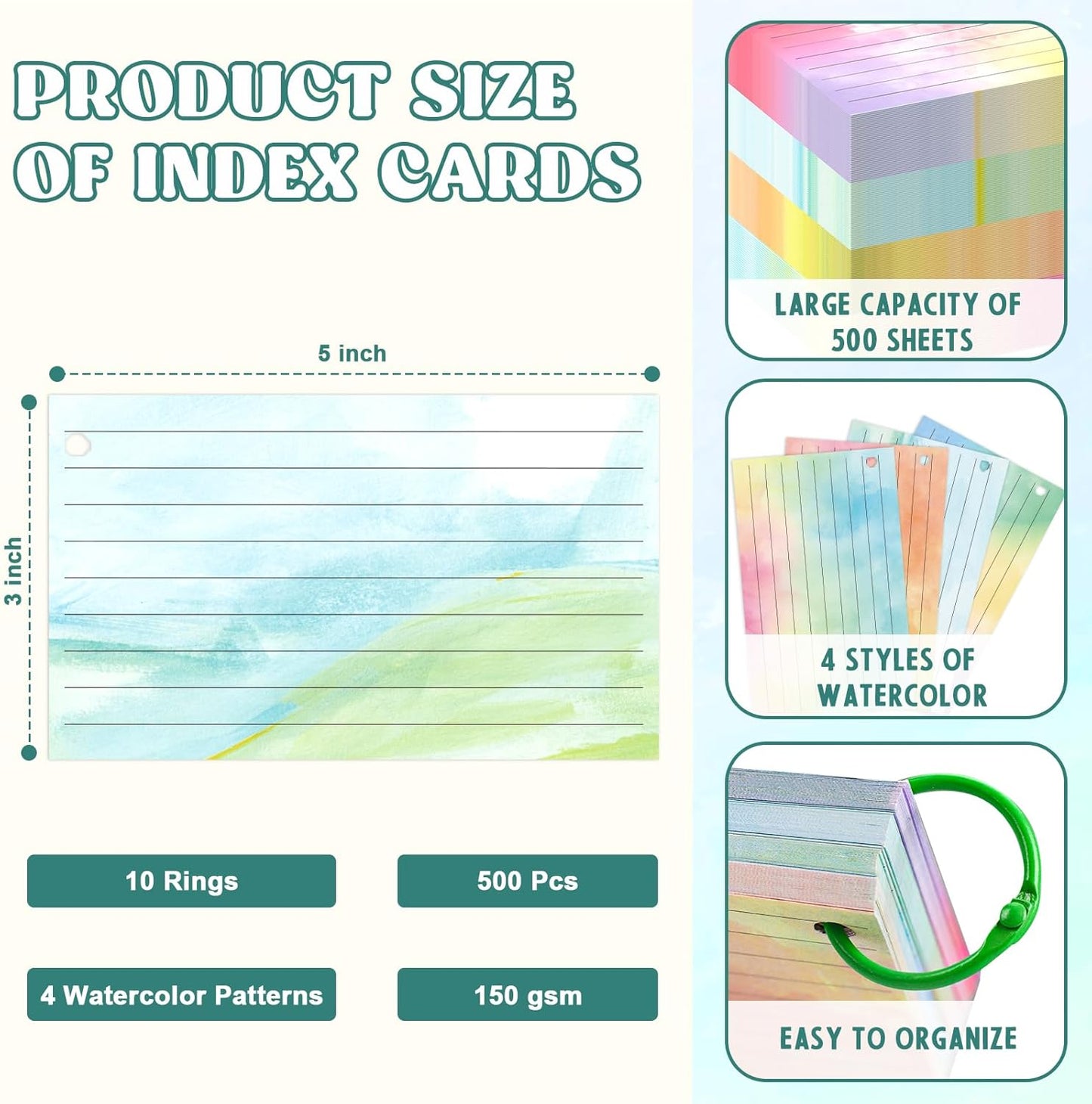500 PCS Colored Index Cards with Hole Lined Flash Cards with Binder Rings Watercolor Notecards with Rings 3x5 Study Cards Flashcards for Home School Office Supplies