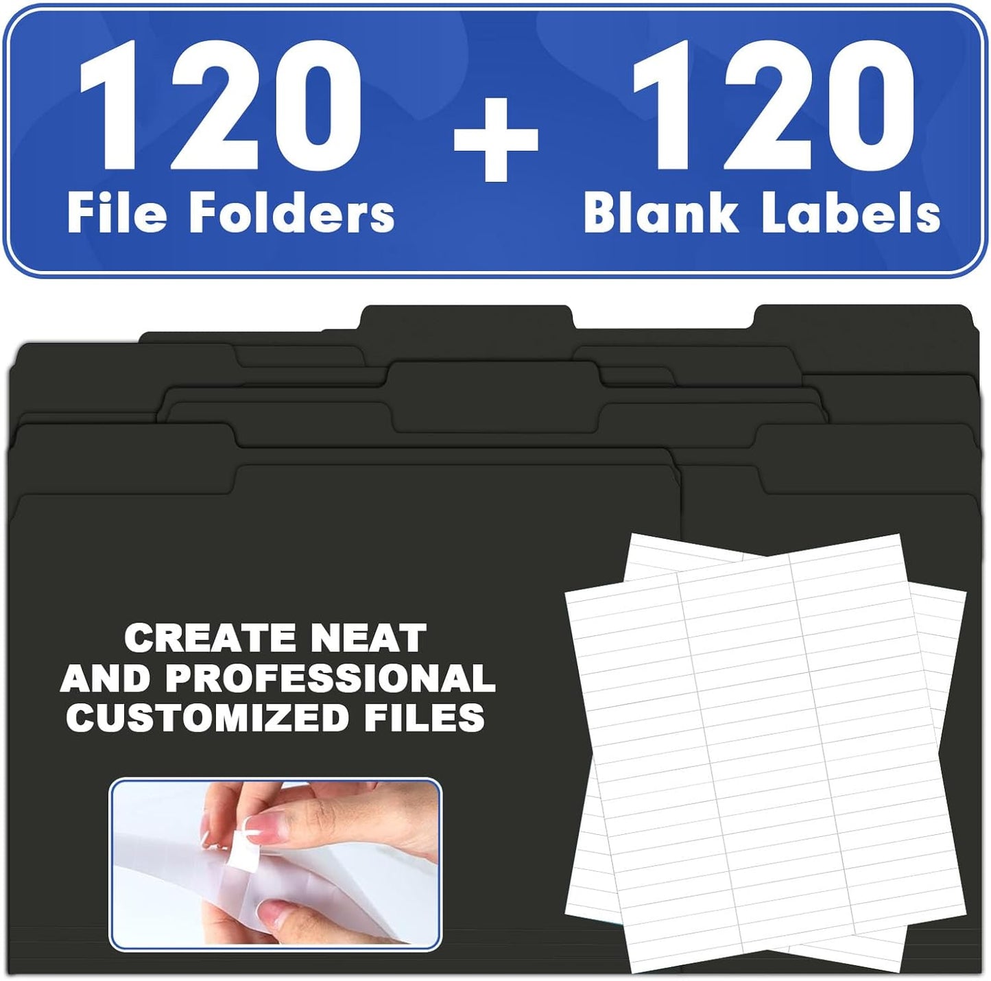 File Folder, HERKKA 120 Pack 1/3 Cut Tab File Folders, File Folders Great for Organizing and Filing, Letter Size, Black