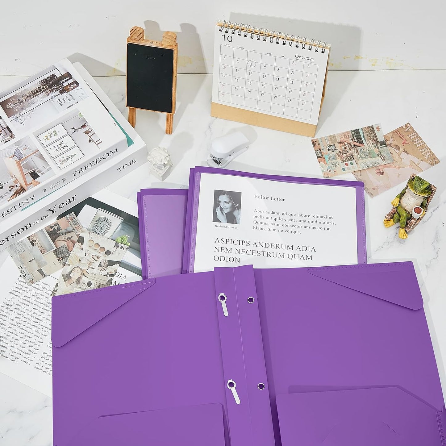 Henoyso 100 Pcs Plastic Folder with Clear Front Pocket and 3 Prong Plastic Folders with Card Slot Pocket Folders with Prongs for School Office (Purple)