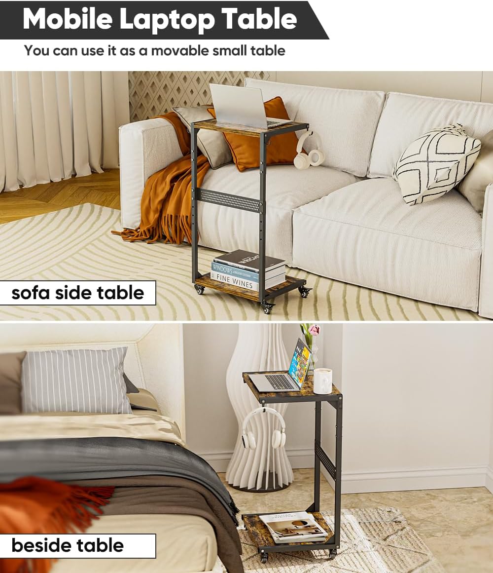 Computer Tower Stand, 2-Tier Metal CPU Holder Stand with Lockable Wheels, Adjustable Under Desk PC Shelf, Mobile Rolling Computer Cart for Home, Office, Gamers and Students, Black