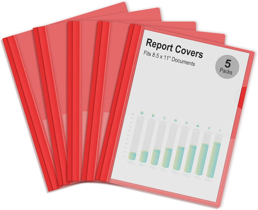 Ndsox 5 Packs Clear Front Report Covers with 3-Prong Fasteners, Plastic Project Presentation Folders Resume Document Covers with Red Back for 8.5" x 11" Letter Size Paper for School Office Business