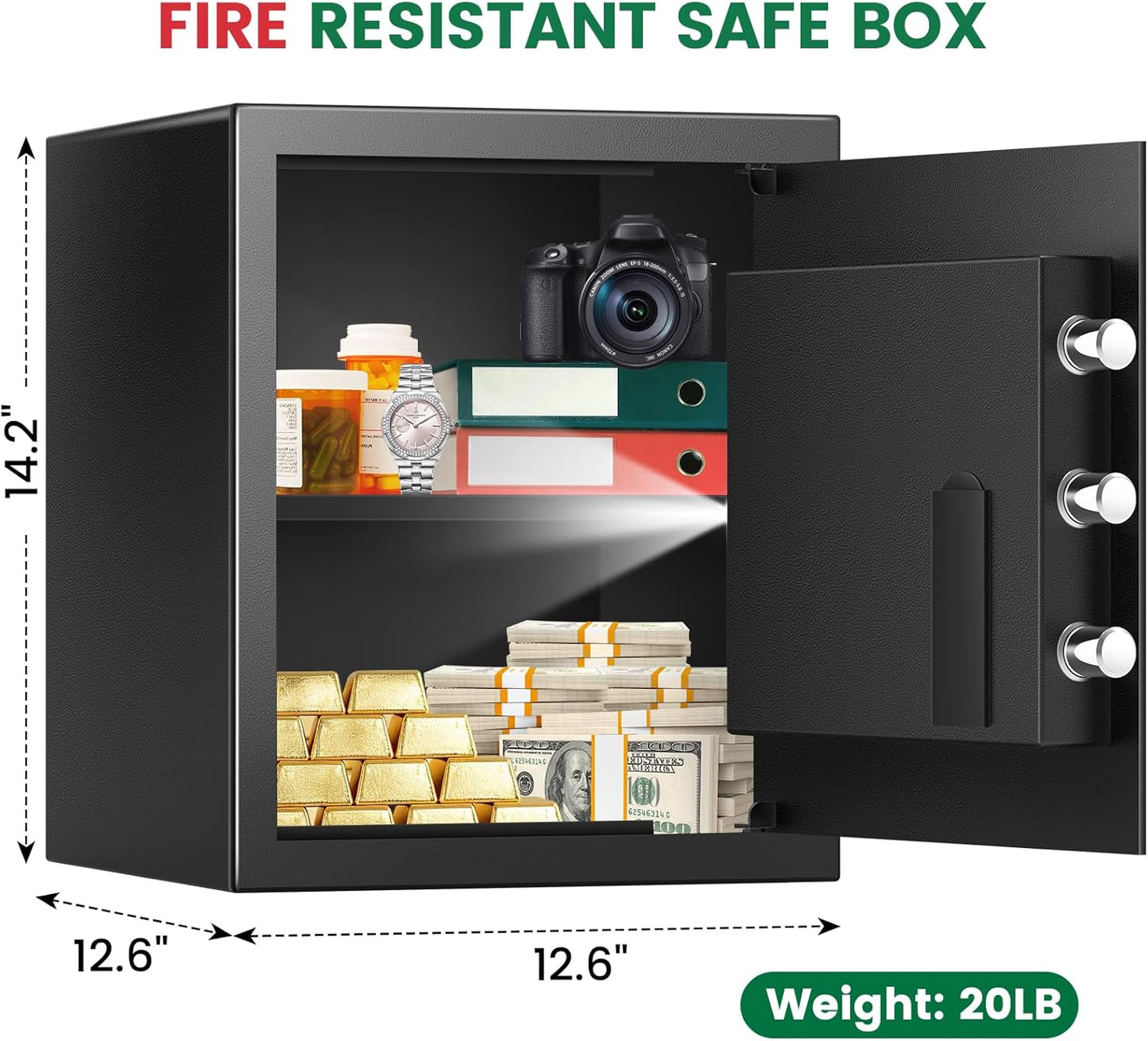 2.0 Cuft Biometric Safe Box, Fireproof Safe for Home with Digital Keypad and Spare Keys, Safety Box for Money, Documents, and other Valuables