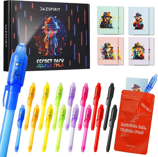16Pcs Invisible Ink Pen Set with UV Light, Mini Notepads & Favor Bags, Spy Pens for Kids, Top Secret Message Magic Markers, Disappearing Ink, Detective & Escape Room Themes
