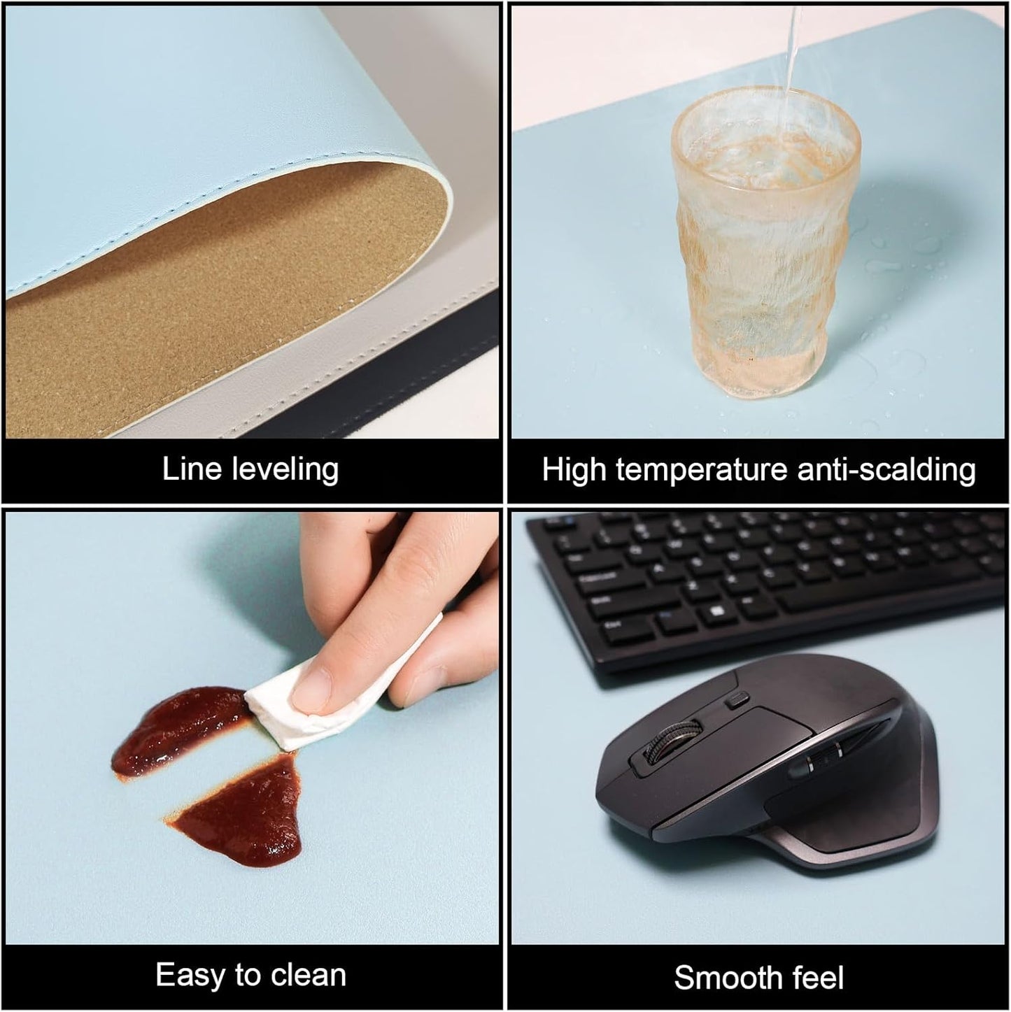 DAWNTREES Dual Sided Desk Mat,Leather Desk Pad,Cork Desk Mat Protector,with PU Leather Valet Tray Organizer,Large Mouse Pad,Desk Writing Pad for Office and Home(Light Blue 31.5"x15.8")