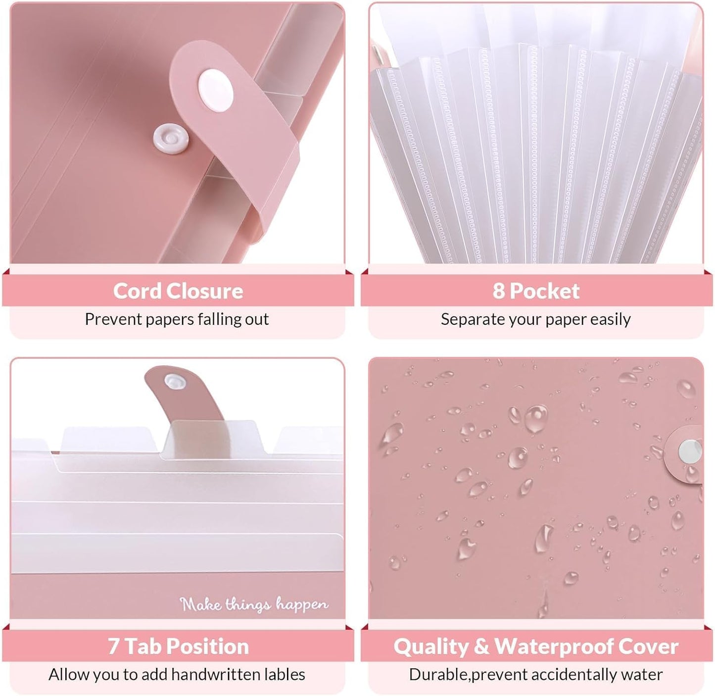 SKYDUE 8 Pockets Expanding File Folders, Accordion Folders, Portable Paper Bill Receipt Organizer, Letter Size, Home College School Office Supplies, Pink