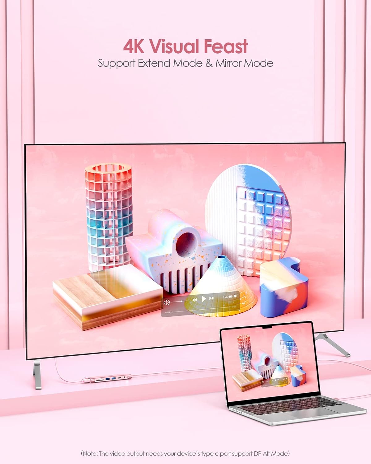 LENTION 3.3FT Long Cable USB C Hub with 4K HDMI, 2 USB 3.0, Card Reader, Aux, Type C Data/Charging Compatible 2023-2016 MacBook Pro, Mac Air/Surface, More, Stable Driver Adapter (CB-C37, Rose Gold)