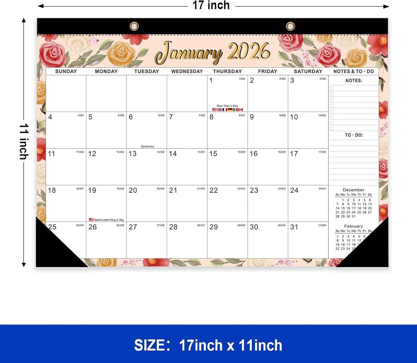 Comix 2026 Desk Calendar - 12x17 Inch, January 2026 to December 2026, 12 Months Calendar, Calendar Monthly Planner with Large Writing Blocks, Ideal for Home, School and Office, Watercolor Flowers