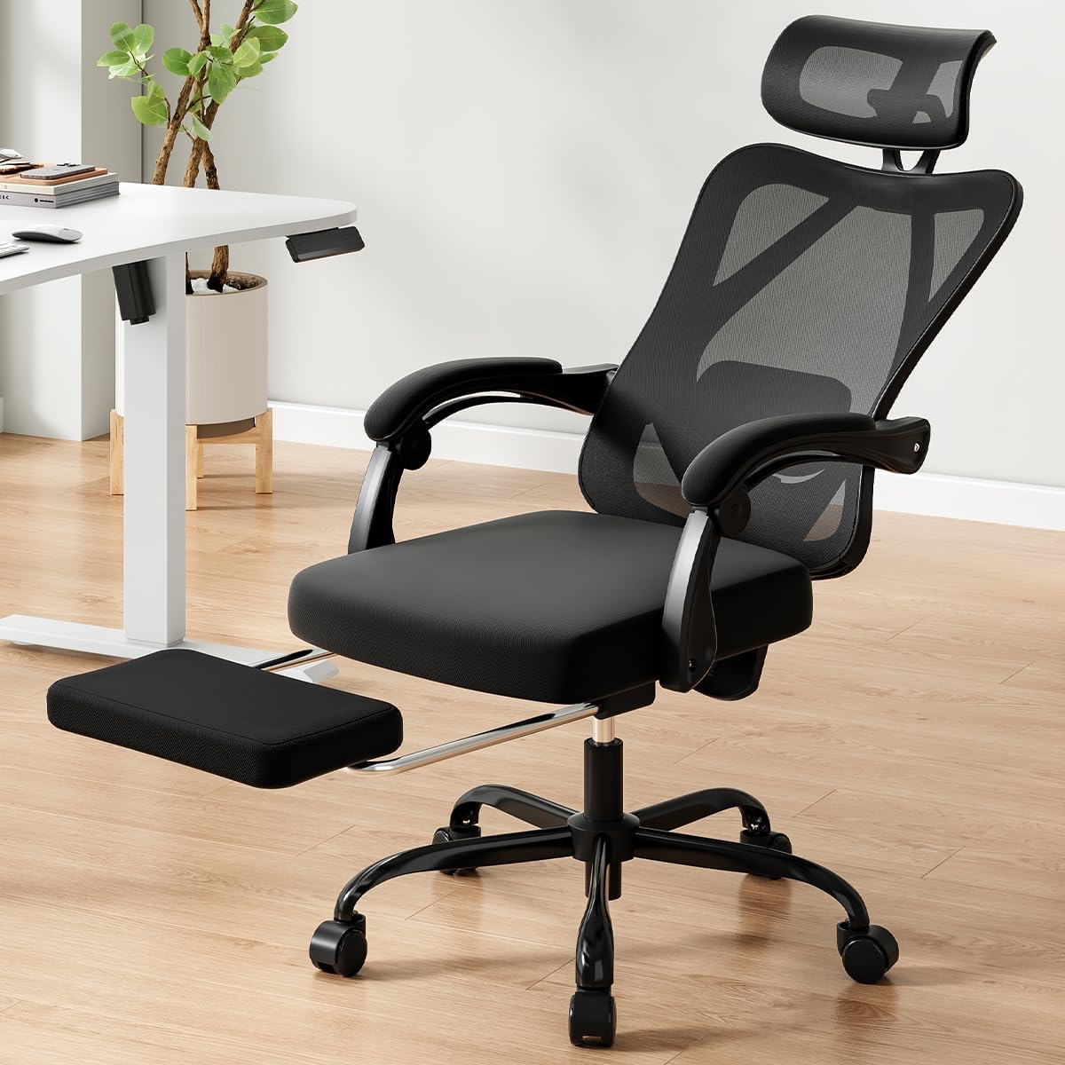 Farini Ergonomic Office Chair with Footrest, Mesh Office Desk Chair with Headrest, High Back Computer Chair with Adjustable Lumbar Support.for Home Office Study Room Bedroom (Black)