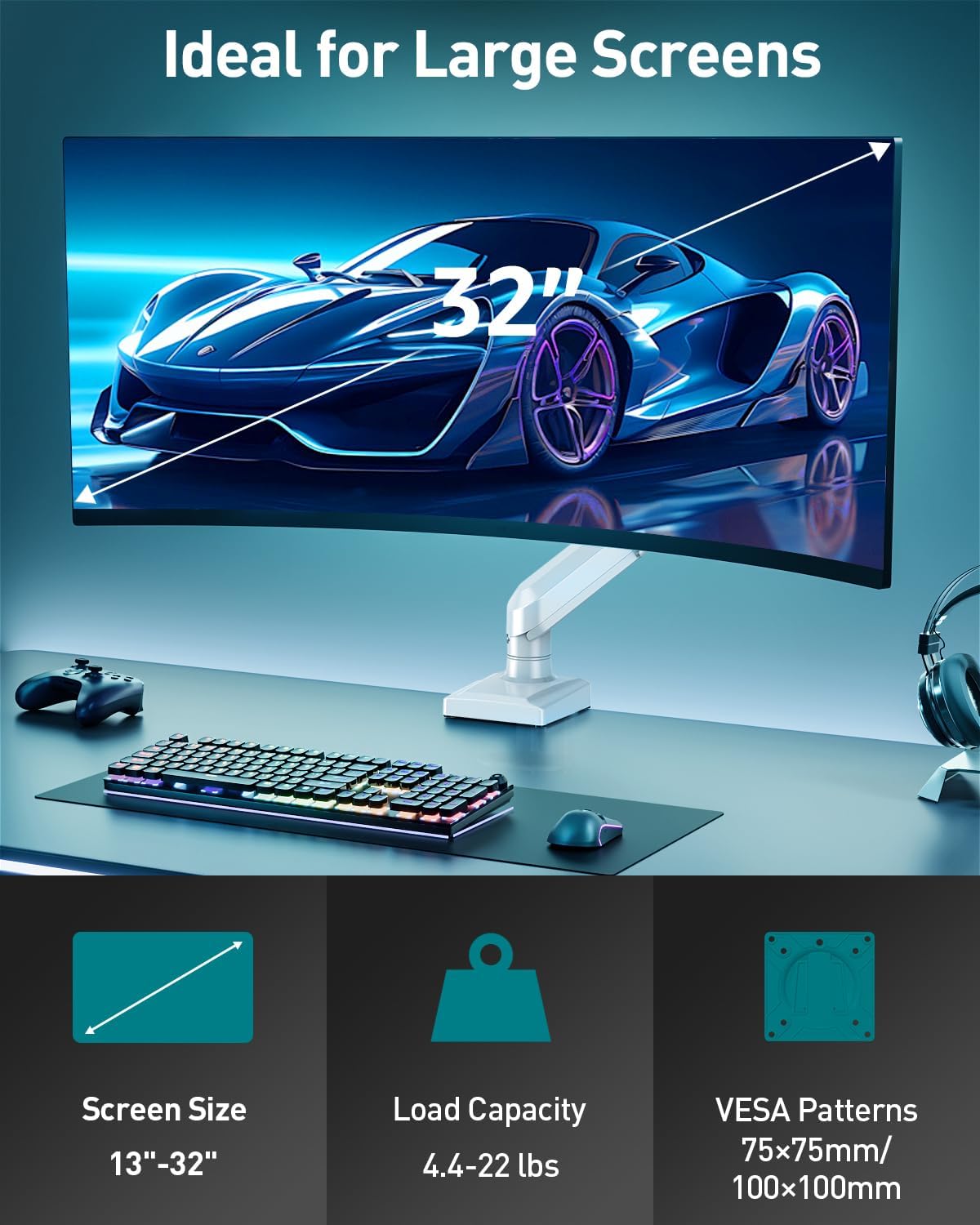 Single Monitor Desk Mount, 13-32 inch Adjustable Gas Spring Monitor Arm, Computer Monitor Stand Holder with Clamp and Grommet Base, Fits 4.4 to 22lbs Screens, VESA Mount Bracket, White, Freelift Pro