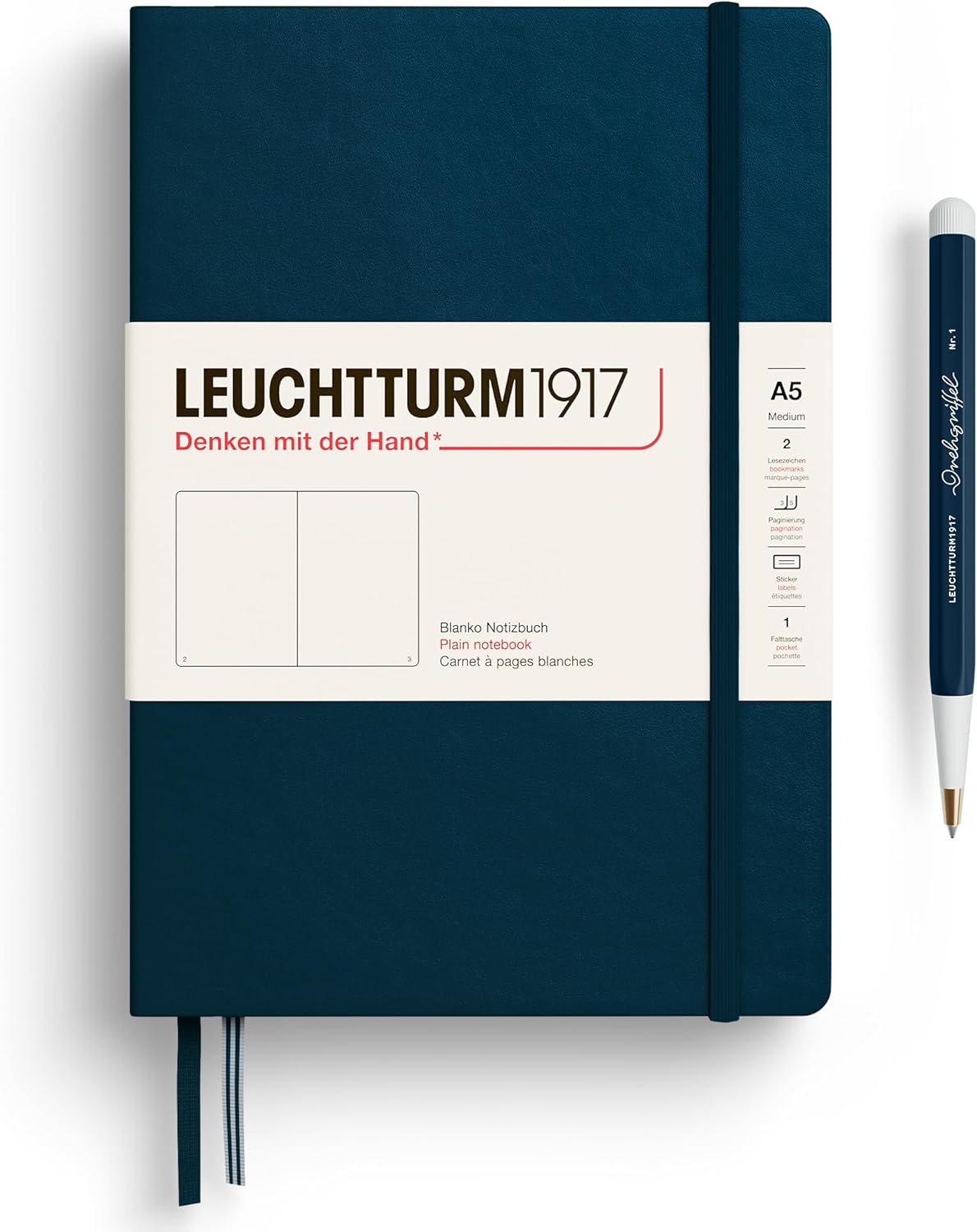 LEUCHTTURM1917 - Notebook Hardcover Medium A5-251 Numbered Pages for Writing and Journaling - Thinking Ahead (Plain Paper, Deep Sea)