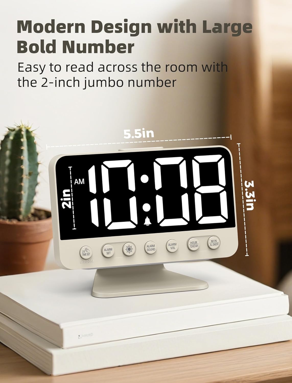 Digital Alarm Clocks for Bedrooms: Large Bold Number 5 Brightness Dimmer - Easy to Read Across The Room - 5 Alarm Sound 8 Night Light - Putty