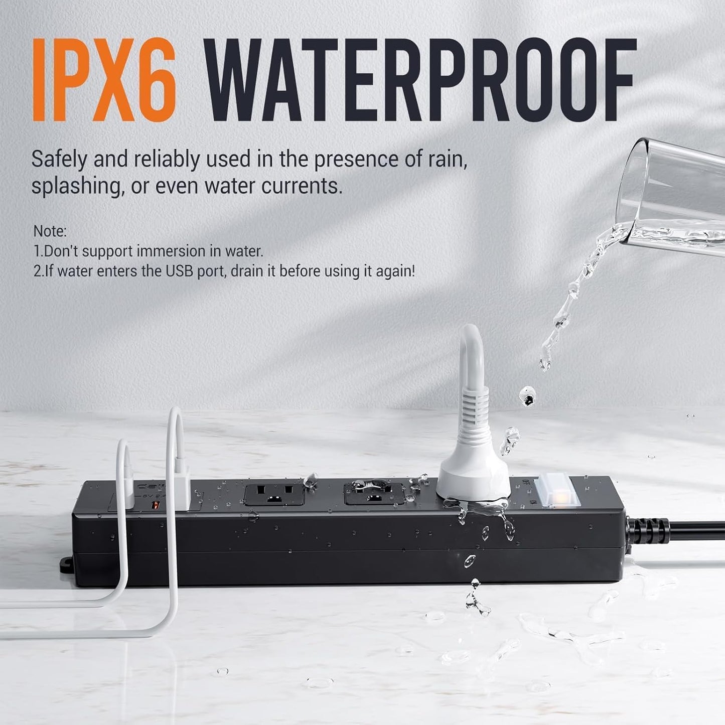 IPX6 Outdoor Power Strip Weatherproof, Waterproof Surge Protector with 3 Wide Outlet with 1A2C USB Ports, 15FT Long Extension Cord, Wall Mountable for Outside Decorations and More UL Listed(Black)