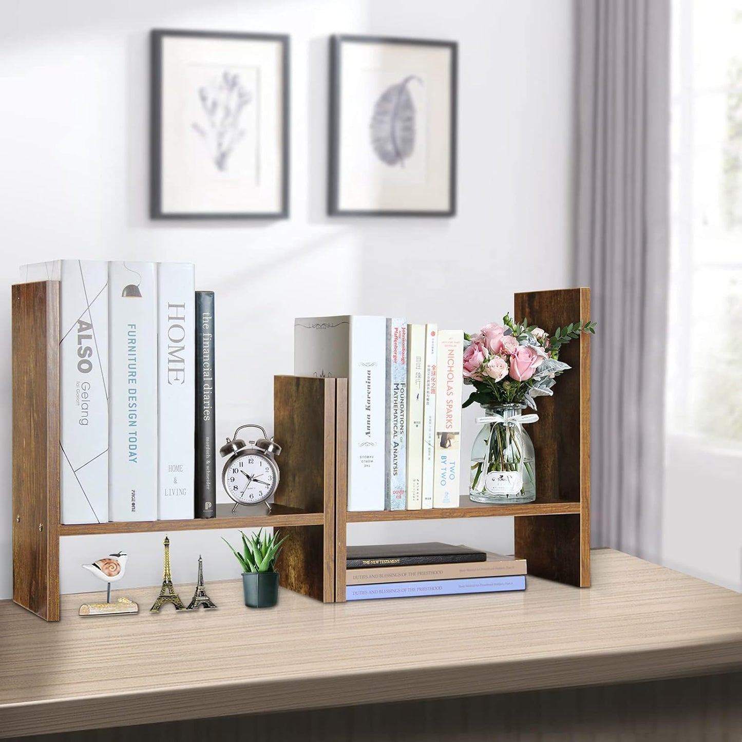 J.M.Deco Desktop Organizers and Storage for Office, Adjustable Desktop Organizer Shelf Double H Display, True Natural Stand Shelf, Desktop Shelf Organizer Natural Wood Tone