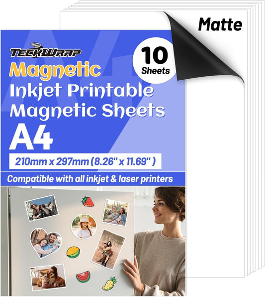 TECKWRAP Printable Magnetic Sheets for Inkjet Printer - 8.26" x 11.69" A4 Size 10 Sheets/Pack - Matte Printable Magnetic Paper for DIY Crafts, Easy to Cut, Non Adhesive for Photo Fridge Magnets
