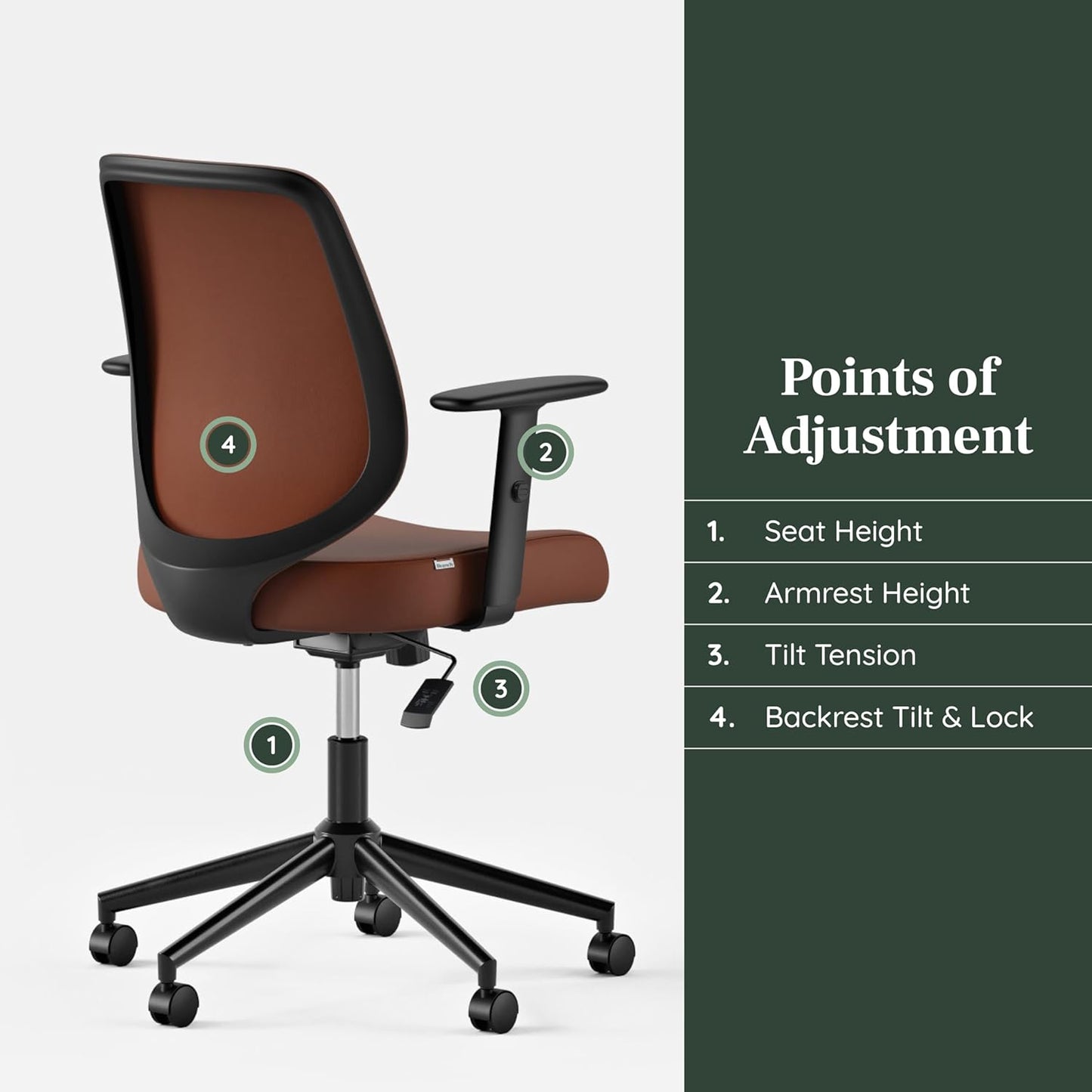 Branch Daily Chair - Vegan Leather Office Chair with Swivel, Lumbar Rest, and Adjustable Armrests - Comfortable Seating for Improved Posture and Productivity - Mahogany