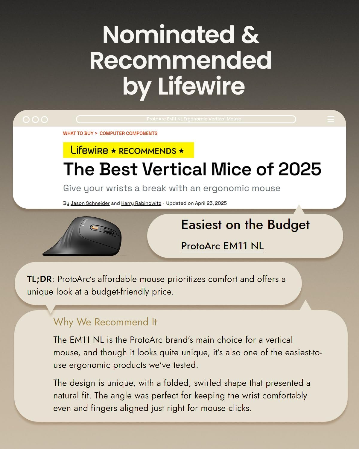 ProtoArc Ergonomic Mouse, EM11 NL Bluetooth Rechargeable Wireless Vertical Mouse, 3 Multi-Device Connectivity for Computer/PC/Laptop, 2.4GHz Optical Mice for Windows, Mac OS, Black