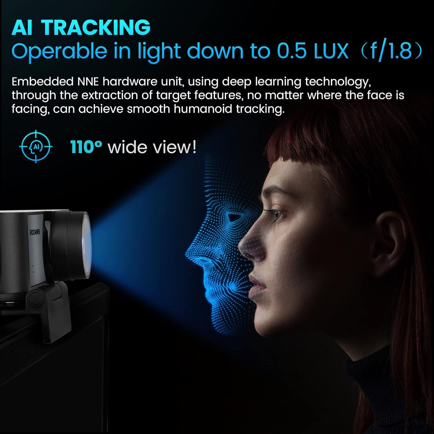 ROCWARE 4K Webcam with Remote, RC16 Computer Camera with Microphone,1080p 60fps FHD,AI Tracking,Privacy Cover, WDR,110°FOV,8X Digital Zoom,Streaming Camera for PC/Meeting/Teaching/Zoom