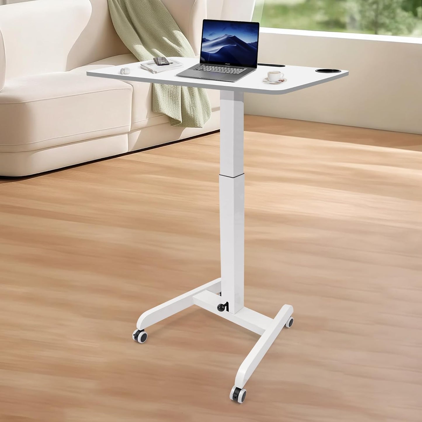 Rolling Laptop Desk Adjustable Height(29.5”- 43.7”)，Mobile Workstation Cart with 23.6" x 20.5"Desktop, Standing Desk Mobile Portable PC Table for Home,Office or Classroom in White