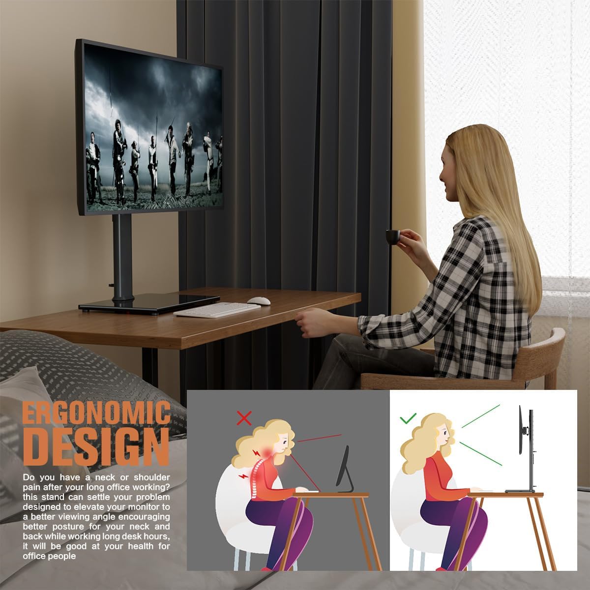 Single Monitor Stand Freestanding 27-43 Inch Monitor Arm Curved Screen Monitor Mount Tempered Glass Base Adjustable Motion Tilt -15° to 10° Swivel ±45° Rotation 360° Weight Capacity 77lbs HT05B-003