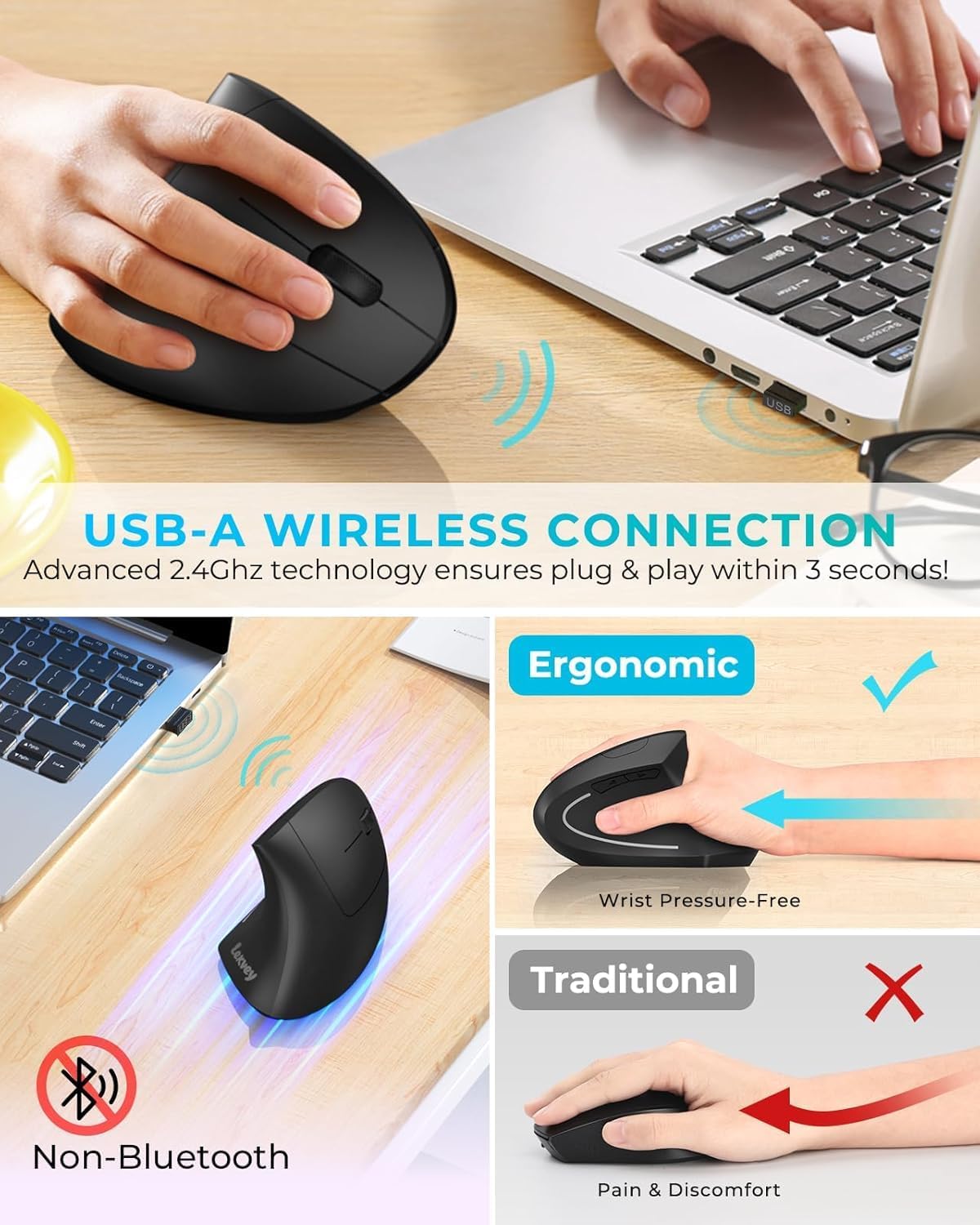 Lekvey Ergonomic Mouse, Vertical Wireless Mouse: Rechargeable Optical Carpal Tunnel Mice with 2.4G USB Receiver, 1000/1200 / 1600 DPI, 6 Buttons, for Laptop, Computer, PC, Desktop, Notebook, Black