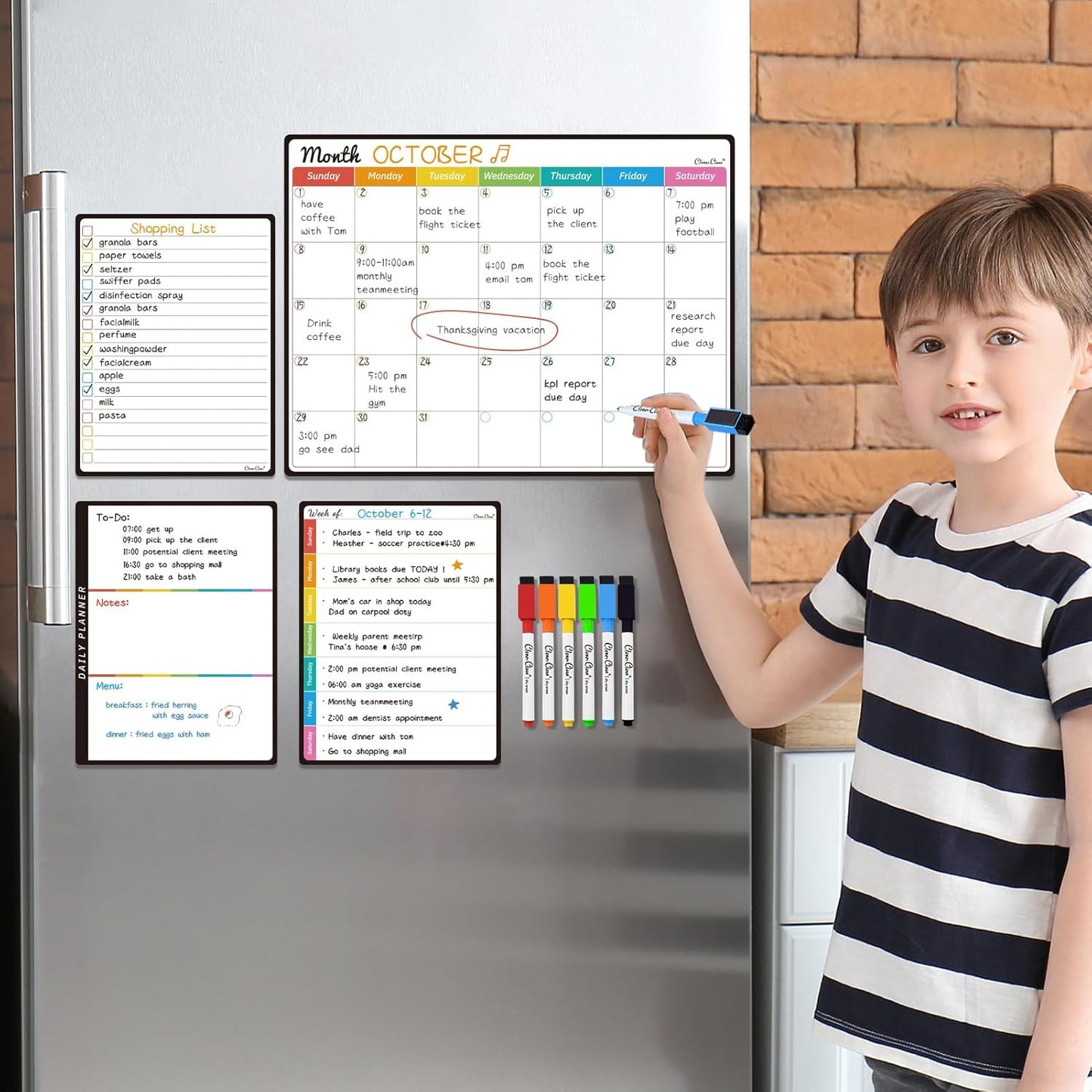 Magnetic Dry Erase Monthly Calendar Set - 14.5"x11" Monthly Calendar, 6.5"x8.5" Weekly, Daily, List Boards for Fridge - 6 Extra Fine Point Markers Included - Shipped Flat