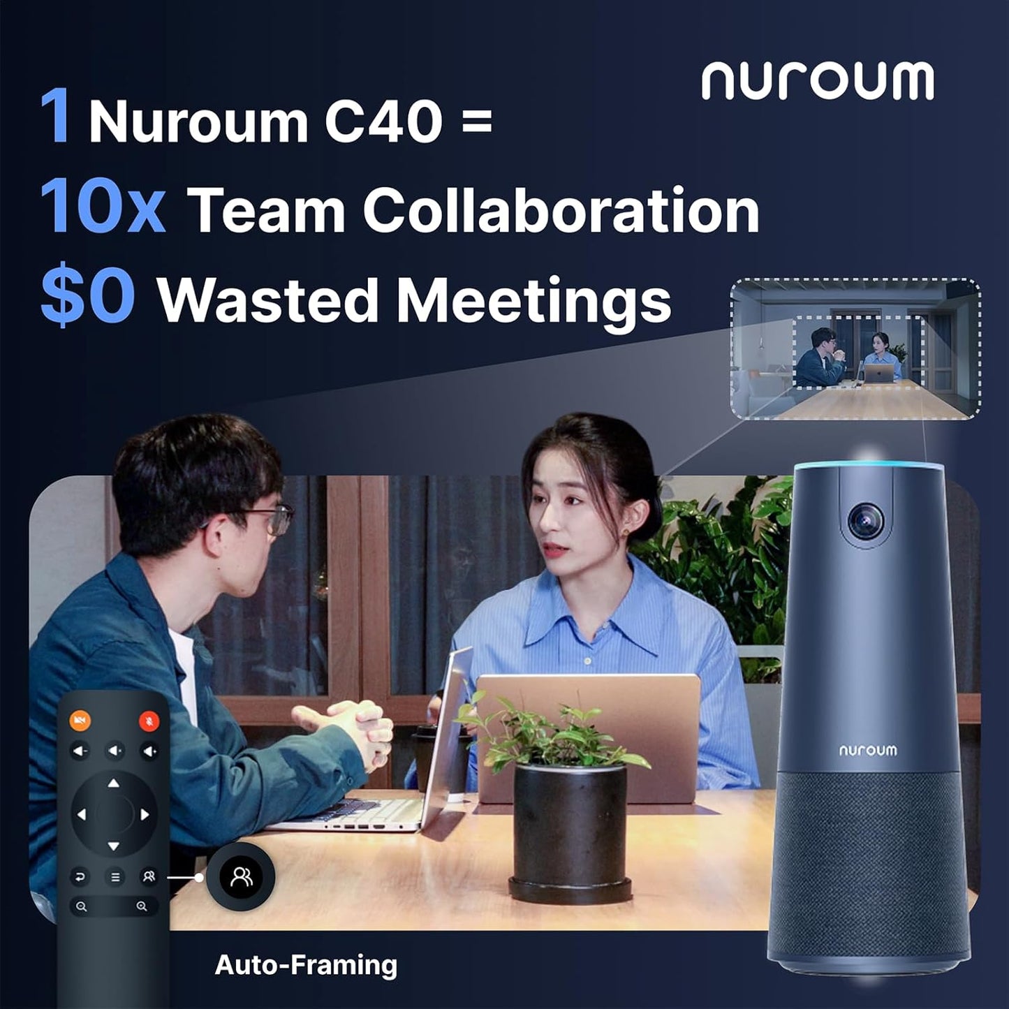NUROUM C40(2nd Gen) 2K Video Conference Webcam with Microphone and Speaker, 5X Zoom, 4 Noise Cancelling Mics Conference Room Camera, 120°Ultra Wide Angle, 16ft Voice Pickup, for Zoom/Skype/Teams