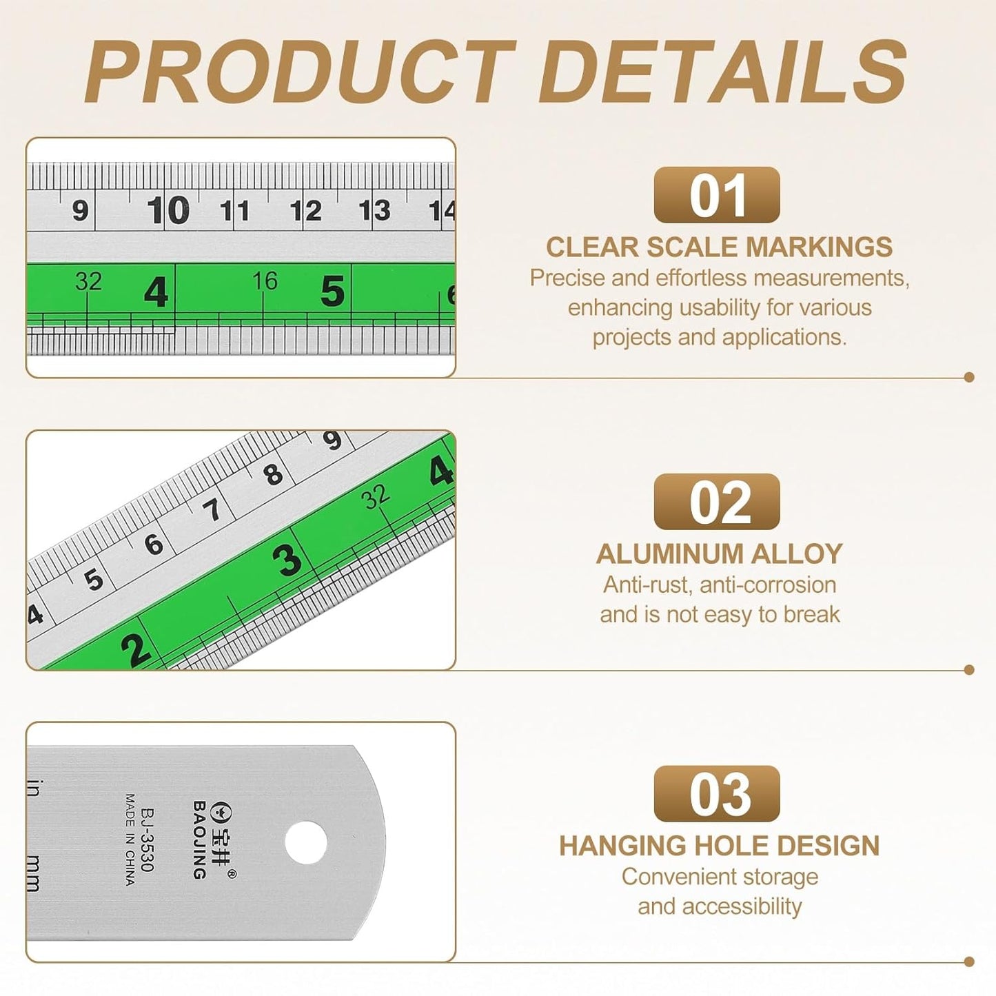 HARFINGTON 4pcs Metal Straight Ruler 15cm Metric SAE Aluminum Alloy Measuring Rulers Scale Tool with Hole for Measure Study Reading Classroom Office, Green