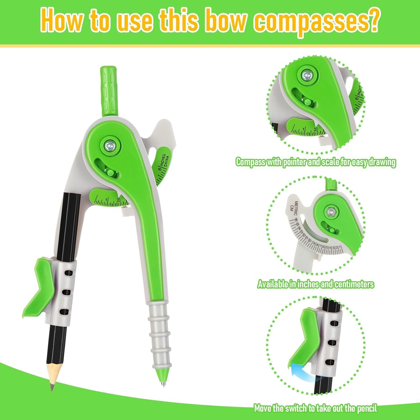 EBOOT Student Geometry Math Set, Drawing Compass and 6 Inch Clear Swing Arm Protractors 180 Degree Math Protractor (Green)