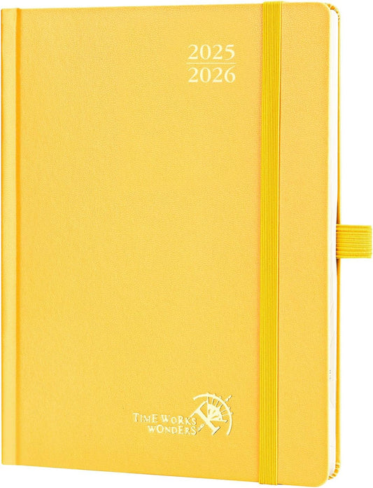 POPRUN Planner 2025-2026, (Medium 6.5'' x 8.5'' Hard Cover) Academic Calendar (July 25-June 26) Daily Weekly and Monthly Appointment Book with Hourly Time Slots, Monthly Tabs, 100 GSM - Light Yellow