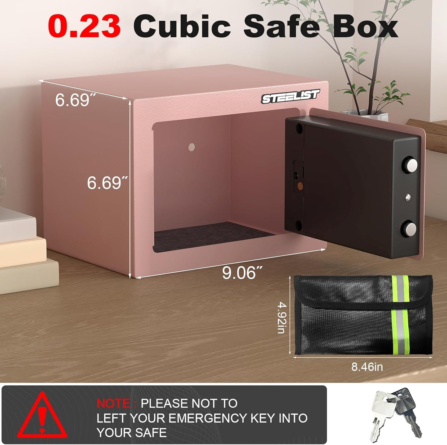 Home Safe, 0.23 Cubic Pink Safety Box, SafeBox for Money, Steel Security Box with Key, Firesafe Waterproof Safe Box, Safes for Money, Jewelry, Hotel or Business, Mini Safes for Personal Items