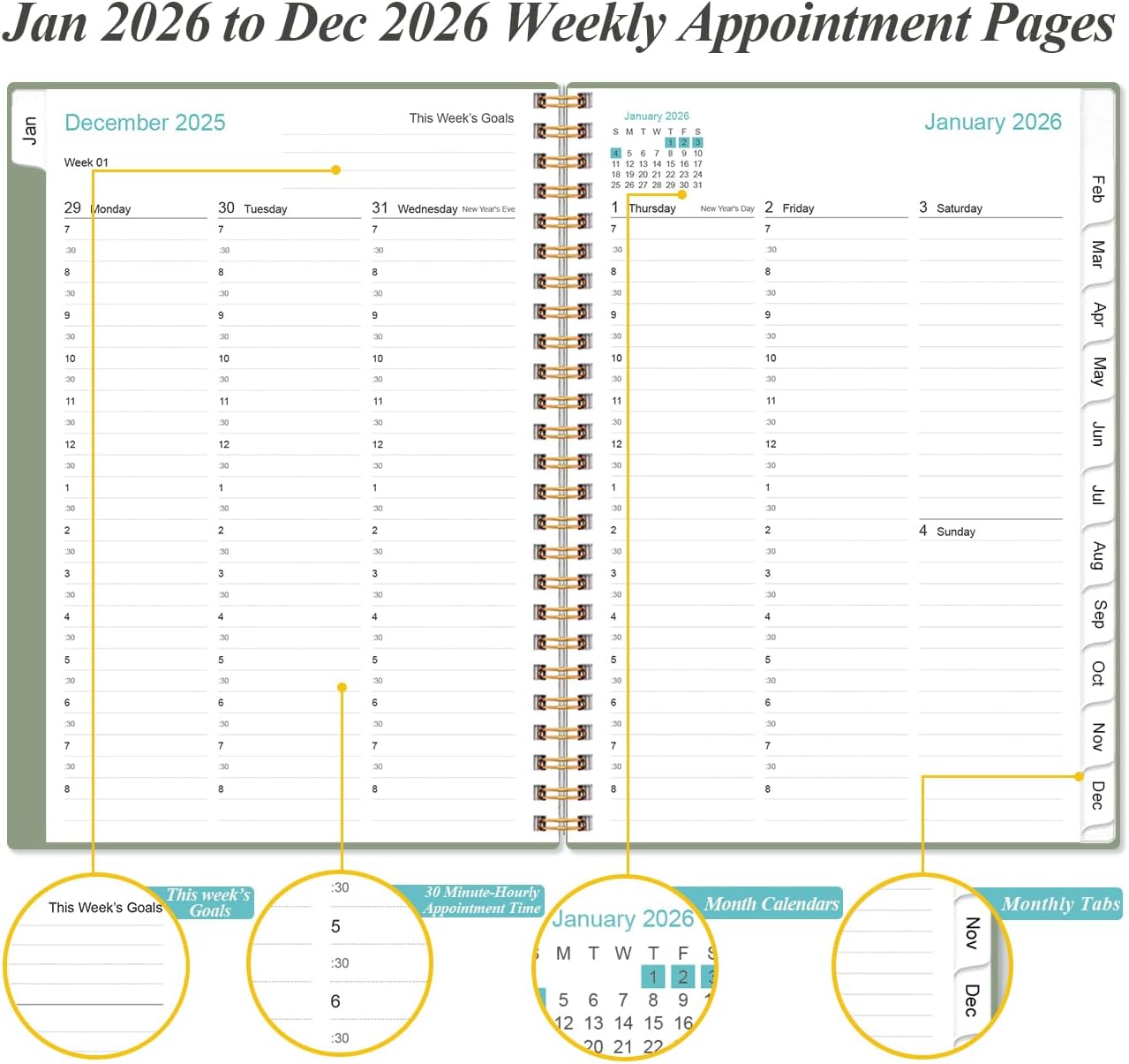 2026 Appointment Book & Planner - Hourly Planner from January 2026 - December 2026, Weekly Appointment Book 2026 with 30-Minute Interval, 6.4" x 8.5", Green