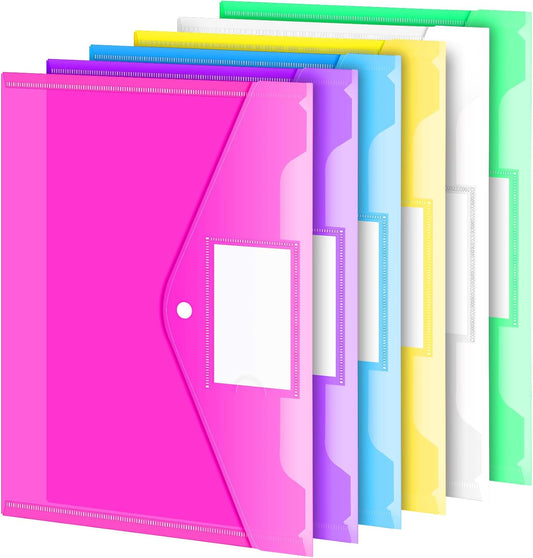 Sooez 6 Pack Folders Plastic Envelopes, Clear Plastic File Folder for Document, Letter A4 Size Poly File Envelopes with Label Pocket, Snap Button for Home Work Office Organizer, 6 Colors