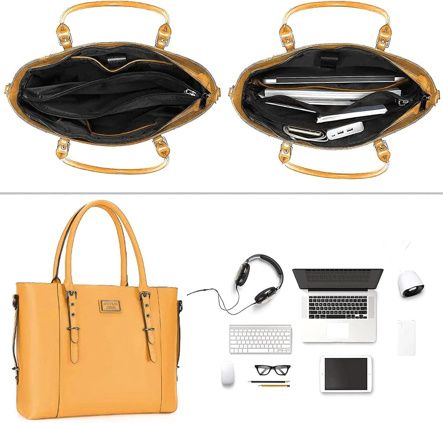 MOSISO PU Leather Laptop Tote Bag for Women, Waterproof Large Capacity Business Work Briefcase Shoulder Laptop Bag