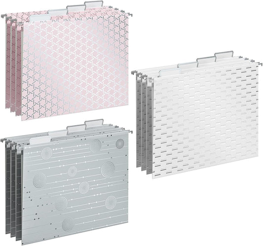 Y YOMA 12 Pack Decorative Hanging File Folders Letter Size File Folder Cute Pretty Hanging Folder Organizer for Filing Cabinet Office Home Desktop with 1/5-Cut Adjustable Tabs, 3 Silver Foil Design