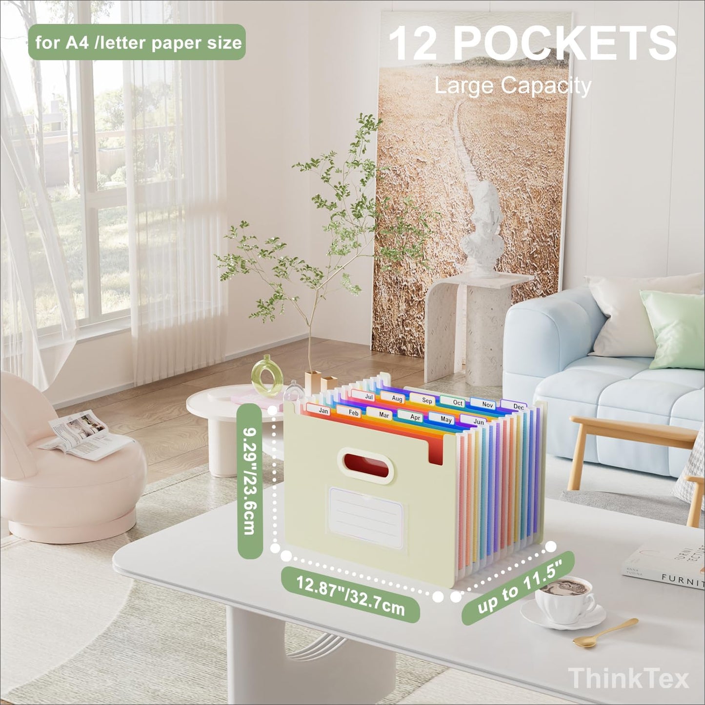 ThinkTex Accordion File Organizer, 12 - Pocket Expanding File Folders Upright & Open Top,for Paper Receipts, Bills&Taxes Organizer, Letter/A4 Size for School, Office, Home with tab- Beige Color
