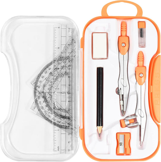 10 Pieces Math Geometry Kit Set Student Supplies with Shatterproof Storage Box,Includes Rulers,Protractor,Compass,Eraser,Pencil Sharpener,Lead Refills,Pencil,for School and Drawings（Orange）