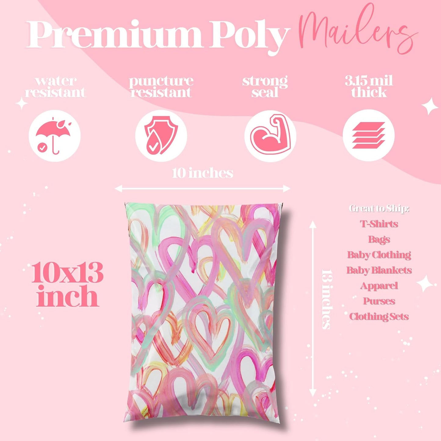 10x13 Designer Poly Mailer 100 Pack Heavy Duty Waterproof Self Seal Shipping Bags for Small Business Large Mailing Envelopes Bulk Tear Resistant Cute Packaging Happy Hearts