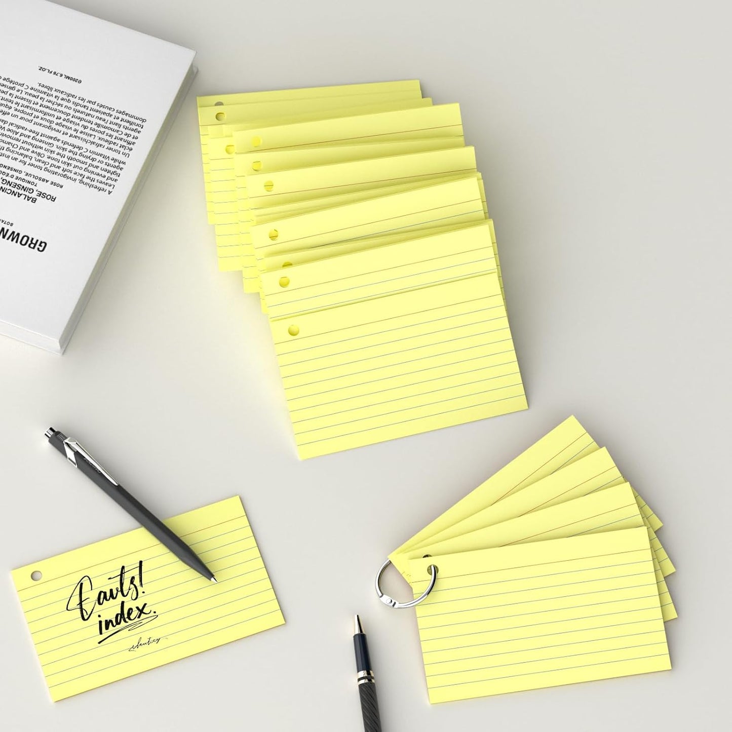 250 Count Yellow Index Cards 3x5 Inch with Key Ring, Color Flash Index Card (50 Sheets Each), Durable & Portable Note Taking for Students, Teachers, Study Note Cards for Office Home School