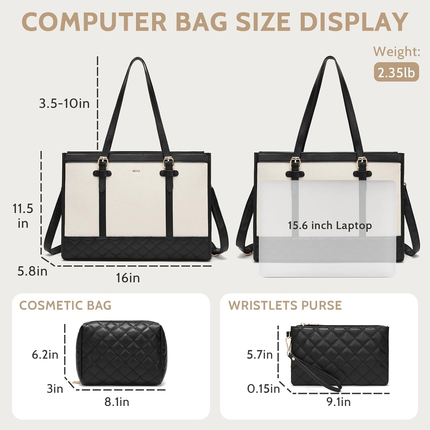 Keyli 3pcs Laptop Bag for Women,15.6 Inch Canvas Tote Bag Work Bags Large Business Computer Briefcase Shoulder Handbag Purse