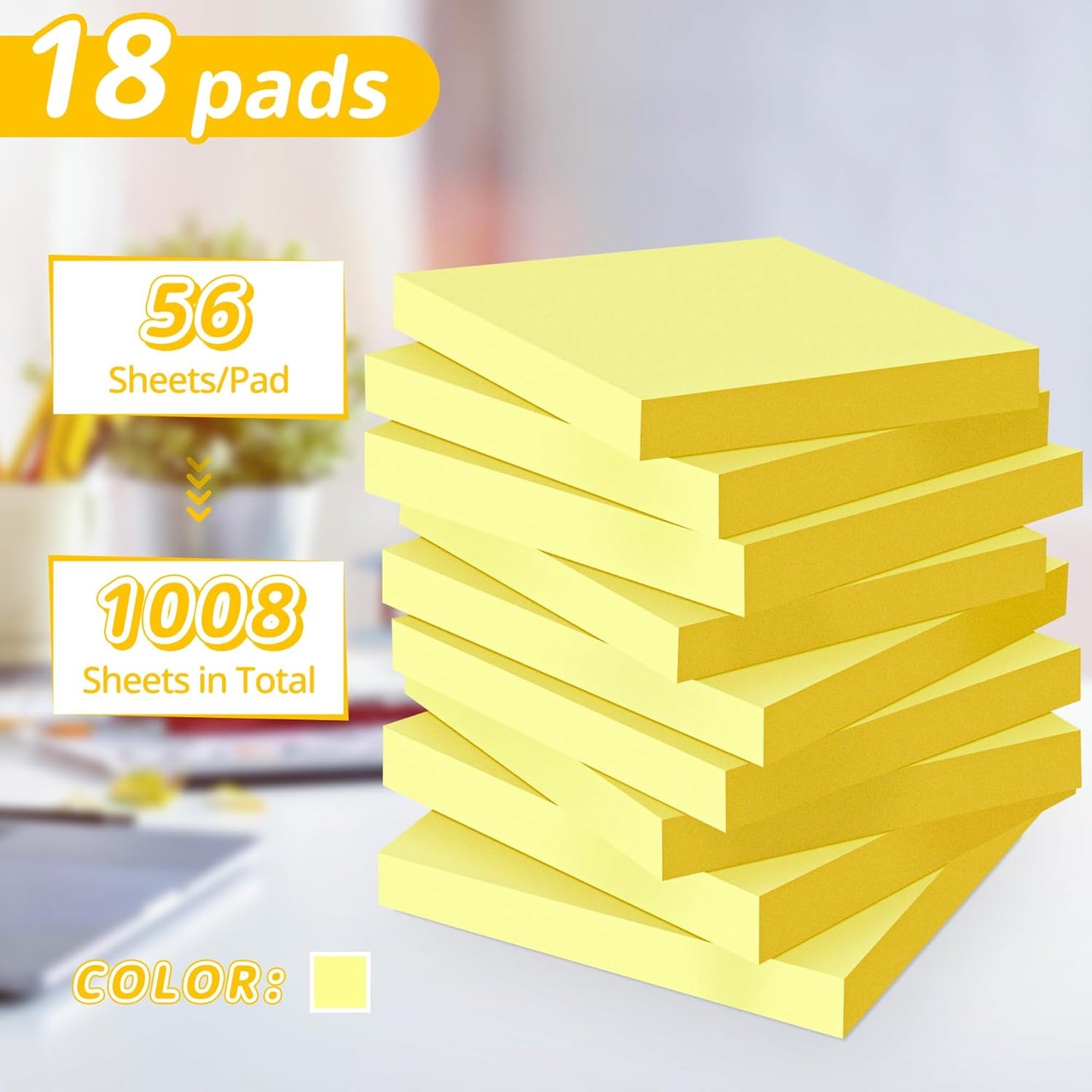 (18 Pack) Sticky Notes 3x3 in Yellow, Strong Adhesive, Clean Removal, Recyclable, Self-Stick Pads, Easy to Post for Home, Office, Notebook