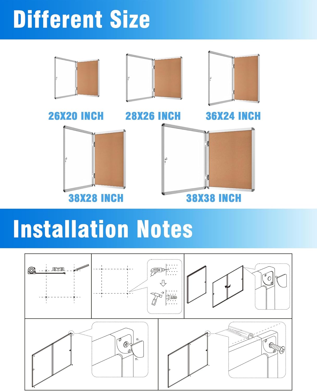 2 Pack 38"x28" Enclosed Bulletin Board, Lockable Weather-Resistant Aluminum Cork Noticeboard for School & Office, Silver Frame w/Cork